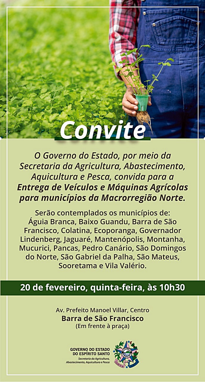 Governo do Estado convida para entregar em Barra de São Francisco, equipamentos nesta quinta dia 20